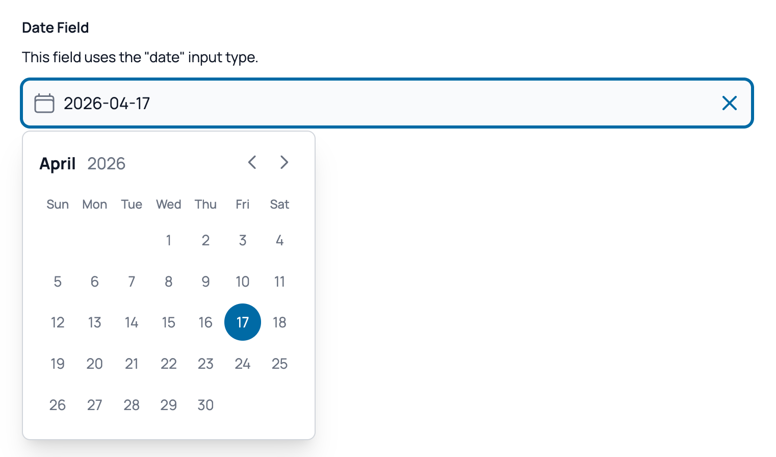 The datepicker example that the code above creates.